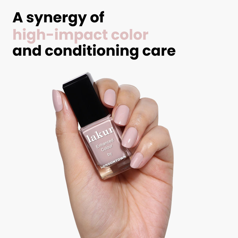 A hand holds a bottle of LONDONTOWN's "Off the Record" nail polish with light pink pastel nails. Text reads: "A synergy of high-impact color and conditioning care.