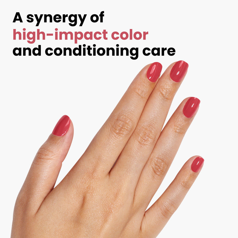 A hand with glossy, sun-kissed red nails is shown against a plain background. Text above reads, "Flushed Cheeks: A synergy of high-impact color and conditioning care by LONDONTOWN.