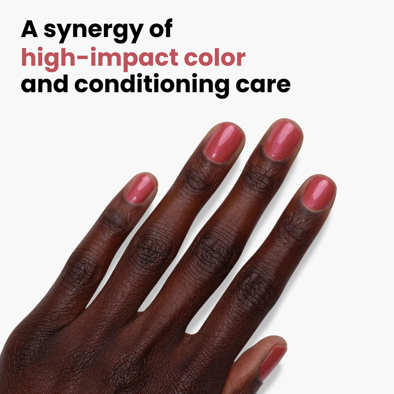 A hand painted with "Slopeside" pink nail polish by LONDONTOWN is shown on a white background. The text reads "A synergy of high-impact rose color and conditioning care.