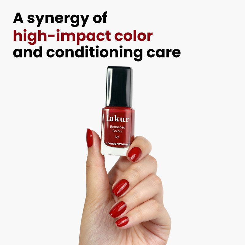 A hand with red nails holds a bottle of LONDONTOWN nail polish. Text reads: "Mull It Over combines high-impact burgundy color with conditioning care.