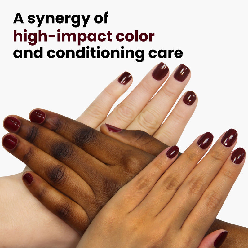 Three pairs of hands with Elderberry nail polish by LONDONTOWN, featuring a high-impact color and conditioning care, exude mystery with its deep, blackened purple undertones.