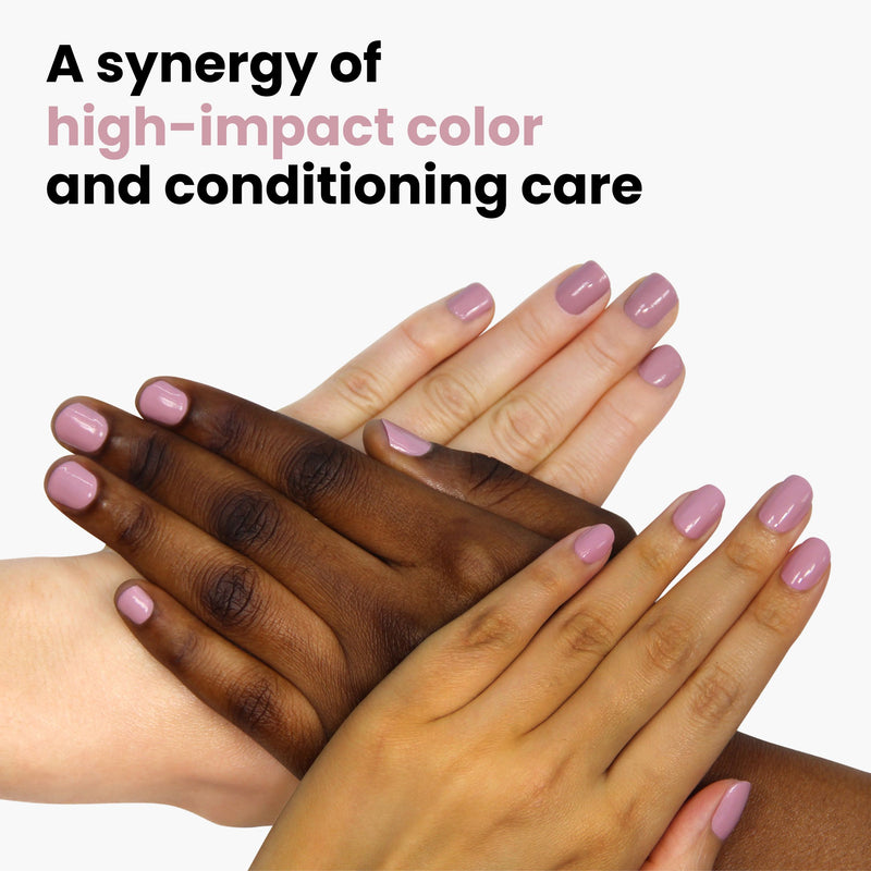 Four hands with nails polished in a neutral shade, "Berry Nude" by LONDONTOWN, overlap on a white background. Text reads: "A synergy of high-impact color and conditioning care.