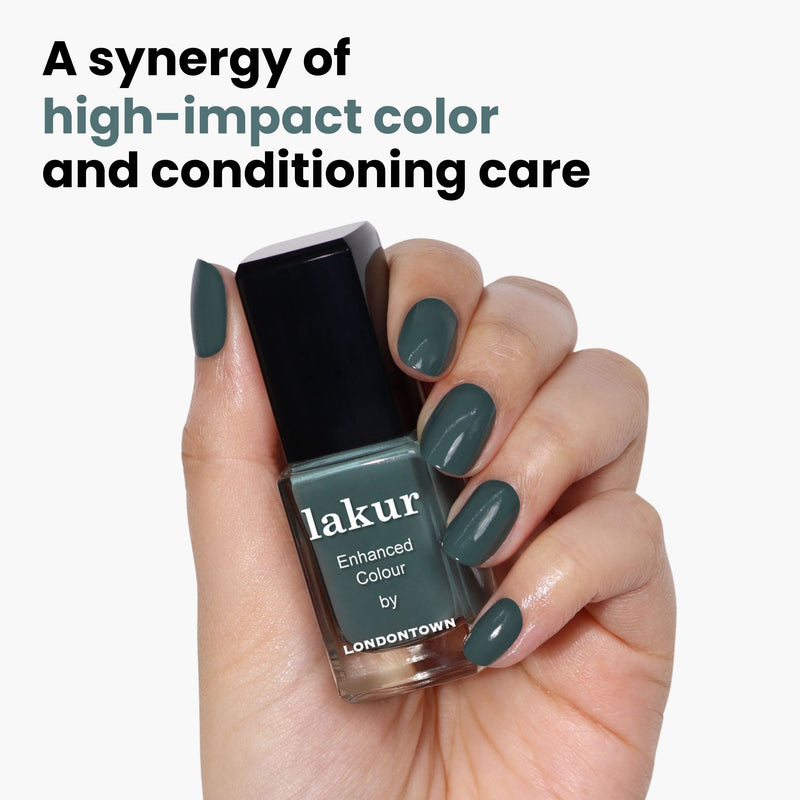 A hand holds a bottle of LONDONTOWN Velvet Drapes nail polish in a luxurious olive green, with matching nails. Text reads, "A synergy of high-impact color and conditioning care.