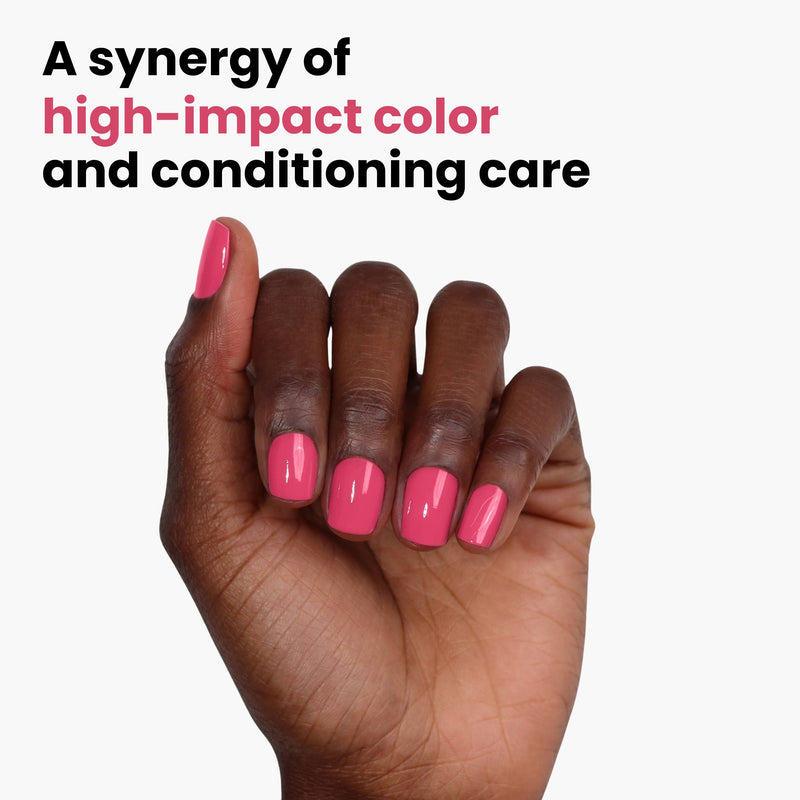 A flamboyant hand with pink polished nails is shown against a white background, with text stating "Electric Flamingo (Professional) by LONDONTOWN: A synergy of high-impact color and conditioning care.