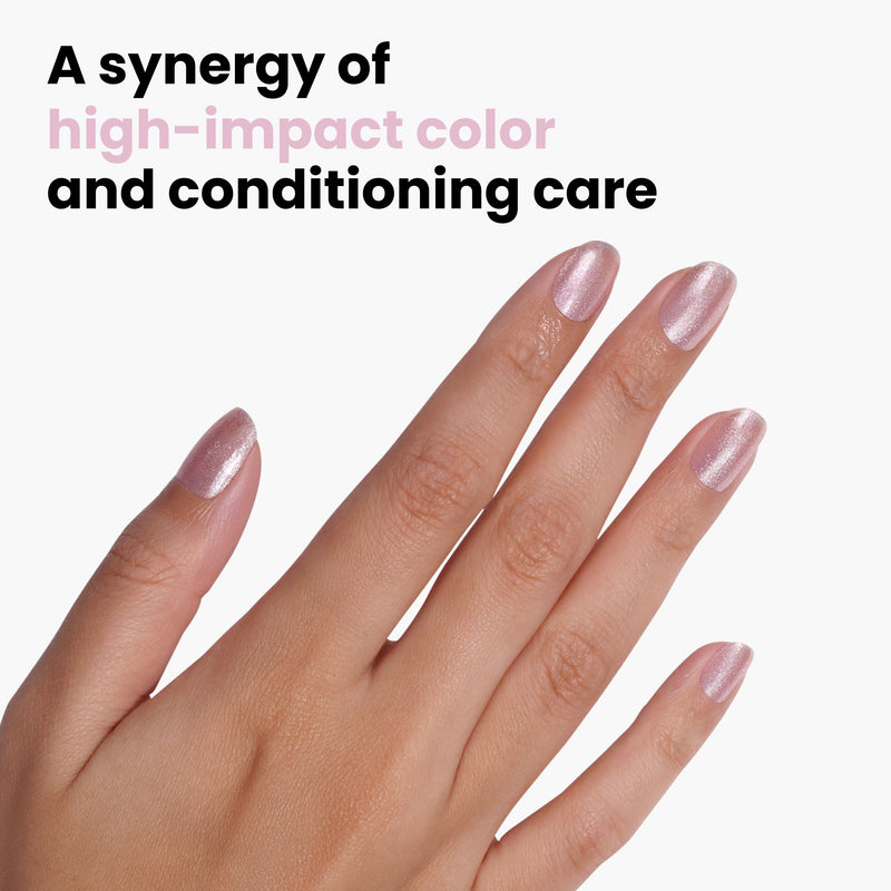 A hand with Pink Strawberry nails, accented with ultrafine glitter, beside the text "A synergy of high-impact color and conditioning care" on a white background. Brand: LONDONTOWN.
