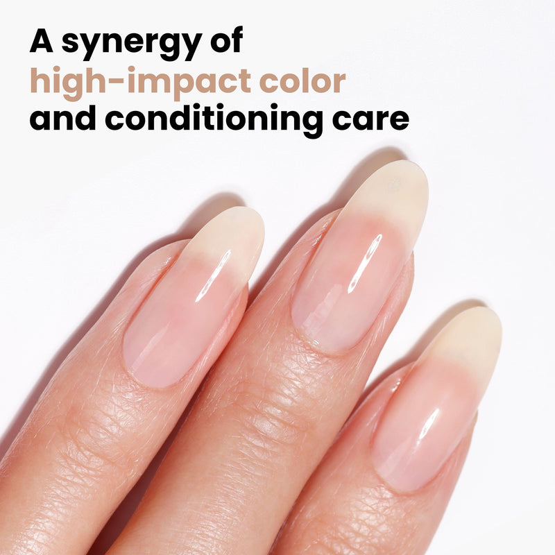 Close-up of manicured fingers with natural, sheer pink nail polish. Text reads, "A synergy of high-impact color and conditioning care." Achieve elegance with Cheerio by LONDONTOWN, a vegan and cruelty-free formula.