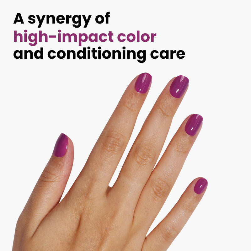 A hand with deep Violet Hibiscus nail polish by LONDONTOWN on a white background; text reads "A synergy of high-impact color and conditioning care.