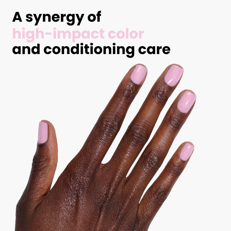 A hand with light pink polished nails against a white background; text reads "Pink Palm by LONDONTOWN: A synergy of carnation hues, high-impact color, and conditioning care.