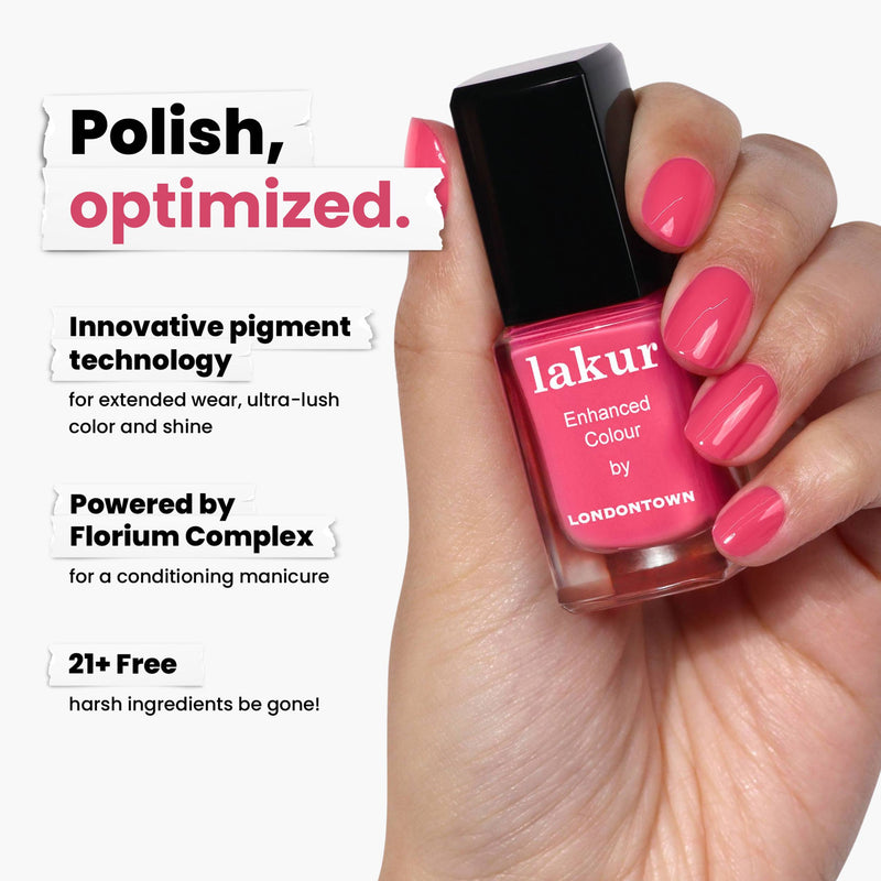 A hand holds a bottle of LONDONTOWN's Electric Flamingo (Professional) nail polish, noted for its flamboyant pink color, conditioning formula, long-lasting effect, and free from 21+ harsh ingredients.