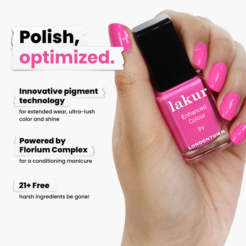 A hand holds a hot pink nail polish bottle labeled "Berry Punch" by LONDONTOWN. The text highlights innovative pigment technology, Florium Complex, and being "21+ Free" of harsh ingredients. Bright pink nails exemplify the cruelty-free and vegan nail polish.