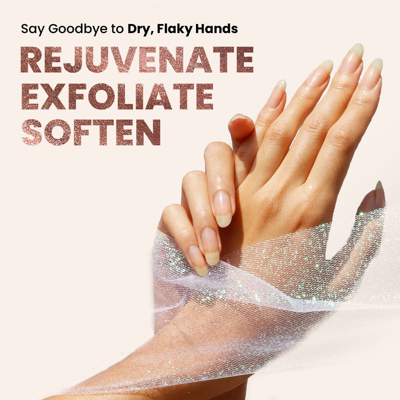 A hand is wrapped in a translucent, glittery fabric. The text reads: "Say Goodbye to Dry, Flaky Hands with LONDONTOWN Rose Gold Hand Peel. Rejuvenate, Exfoliate, Soften for Smoother Hands.