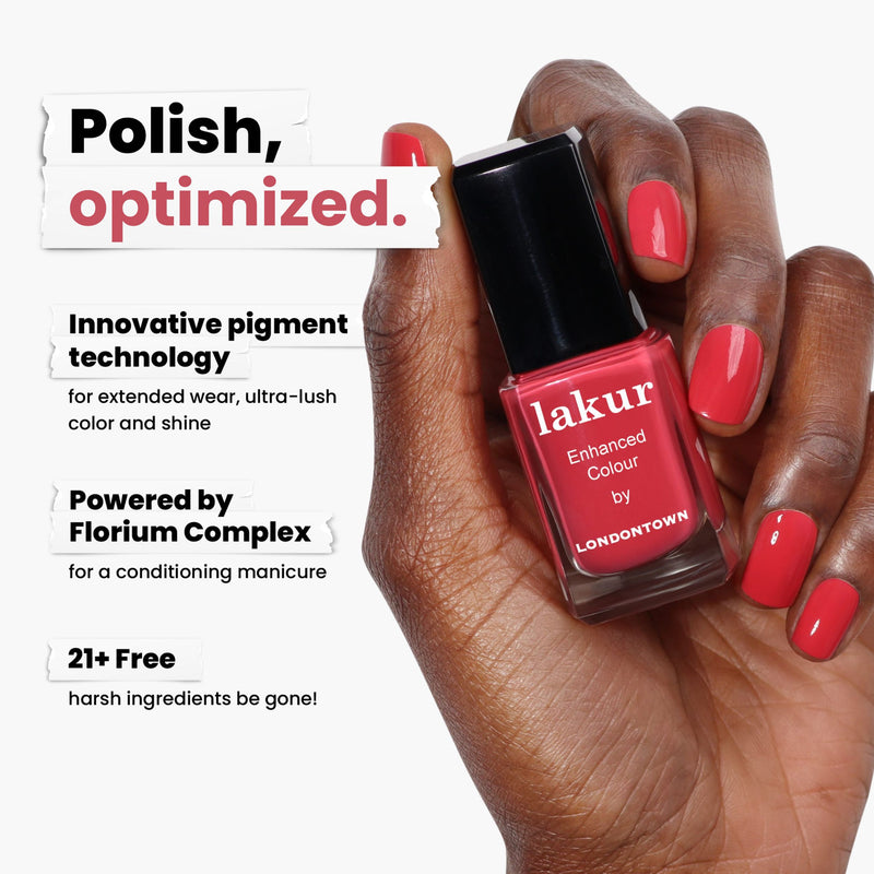 Hand holding a red nail polish bottle with text: "Flushed Cheeks, optimized. LONDONTOWN's innovative pigment technology for a sun-kissed glow. Powered by Florium Complex. 21+ Free harsh ingredients be gone!.
