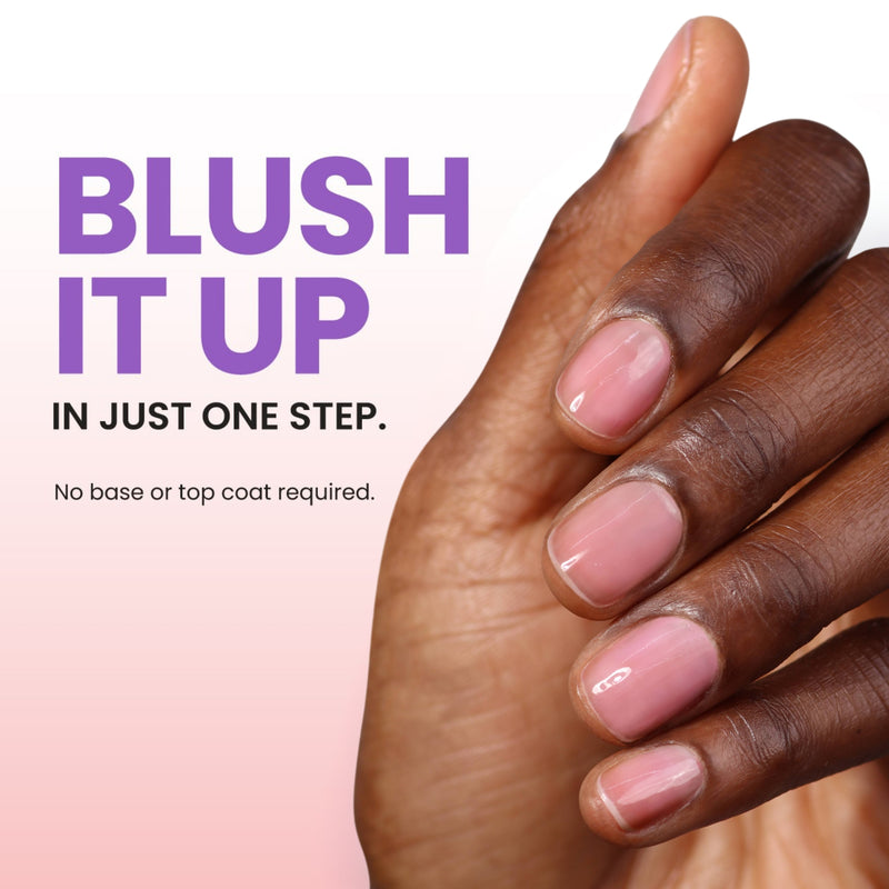 A close-up shows a hand with blush pink manicured nails. Text reads "Blush it up in one step with LONDONTOWN's Sheer Strength Nail Blush - Concord (Professional). No base or top coat needed.
