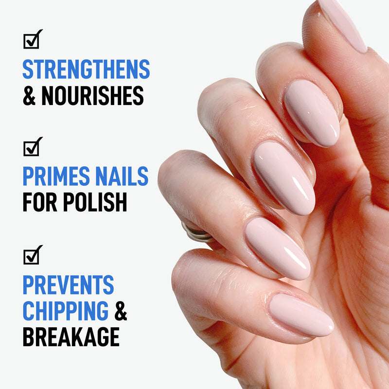 A close-up of a hand with glossy manicured nails. Text highlights the benefits: LONDONTOWN's Nail Hardener & Base Coat strengthens, nourishes, and primes nails for polish while preventing chipping and breakage.