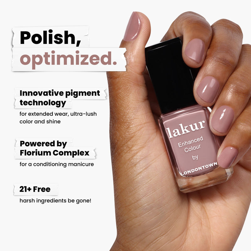 A hand holds a bottle of LONDONTOWN's Chai nail polish, highlighting its innovative pigment technology. With the Florium Complex, this crème formula is 21+ free from harsh ingredients, ensuring a smooth and lasting finish.