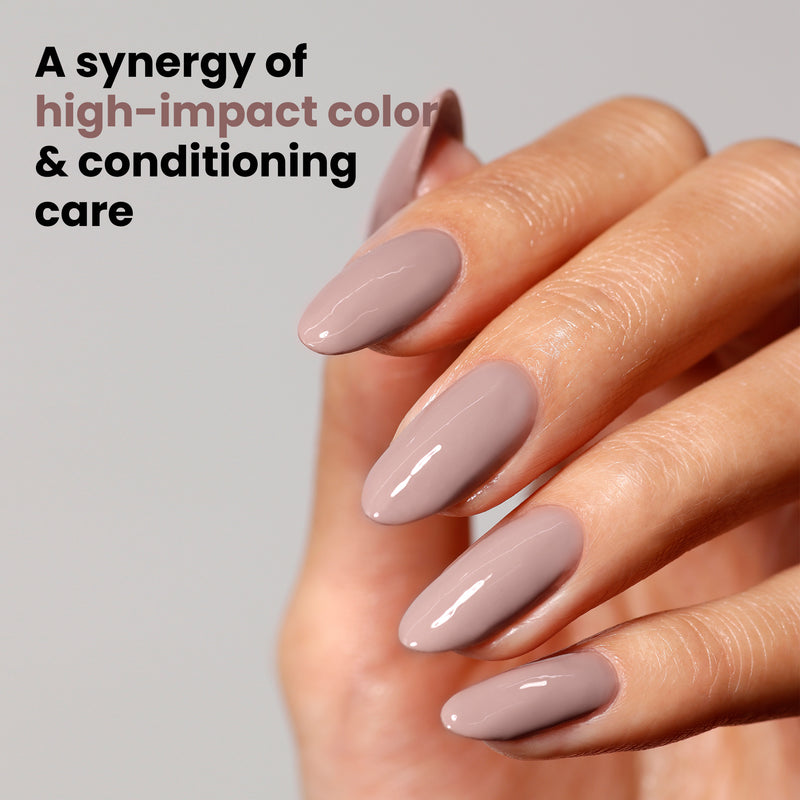 Close-up of a hand showcasing long, glossy nails in the shade "Do Not Disturb" by LONDONTOWN. Text reads, "A bold statement of high-impact color & conditioning care.