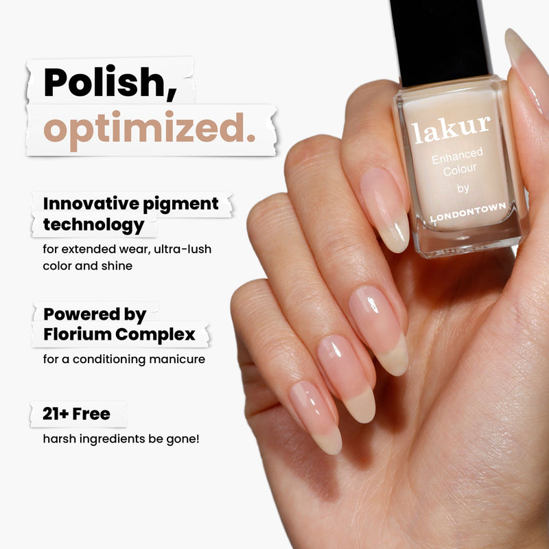 A hand holds a bottle of LONDONTOWN's Cheerio nail polish, featuring innovative pigment technology, Florium Complex, and a 21+ free formula. This vegan cruelty-free polish offers a sheer neutral pink—perfect for achieving that chic French manicure shade.