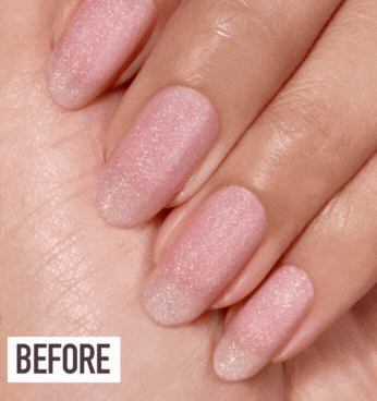 A before-and-after comparison of fingernails: the first image shows pink glittery nails, while the second features the same nails transformed with LONDONTOWN GelShift Top Coat for a glossy finish.