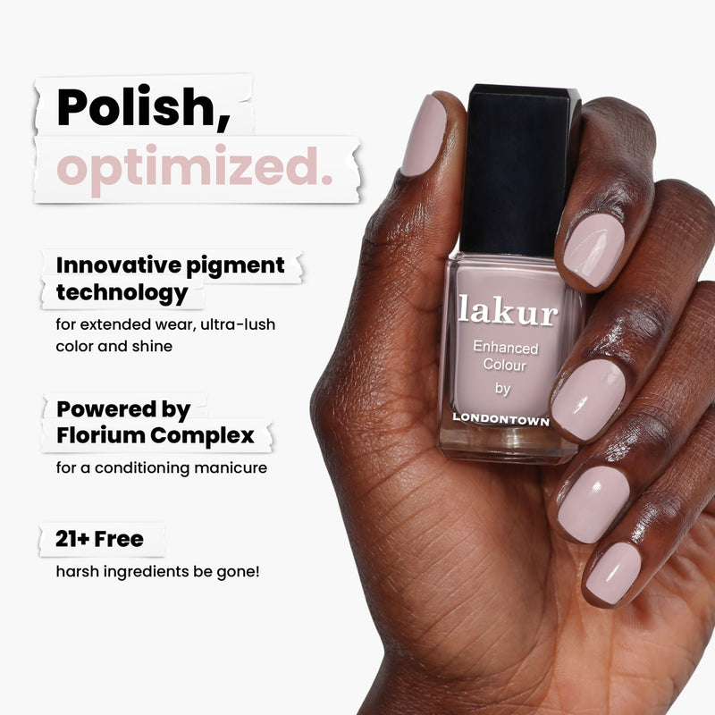 A hand displays LONDONTOWN's Off the Record nail polish in a soft pastel pink. The text emphasizes innovative pigment technology with a 21+ free formulation for healthier nails.