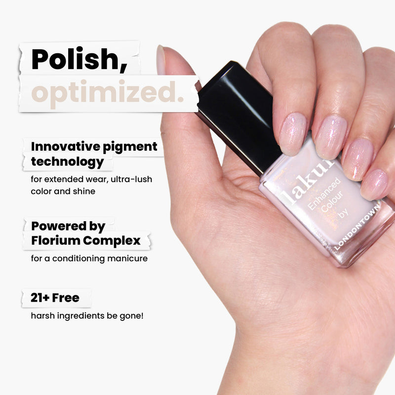A hand displays the LONDONTOWN Princess Awaits nail polish bottle with light pink nails. The text highlights its innovative pigment technology, Florium Complex, and a 21+ free vegan, cruelty-free formula for sheer white shimmer without harsh ingredients.