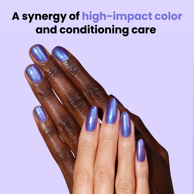Two hands with different skin tones display shiny, purple nails with a blue shimmer against a light purple background. Text reads: "Wildberry Freeze by LONDONTOWN—a synergy of high-impact color and conditioning care.