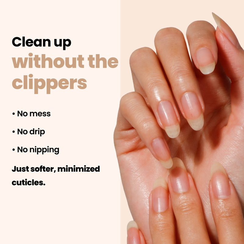 Hands with natural, long nails are shown. Text reads: "Clean up without the clippers using Fresh Glow Cuticle Remover by LONDONTOWN. No mess, no drip, no nipping. Just softer, minimized cuticles and relief from overgrown cuticles.