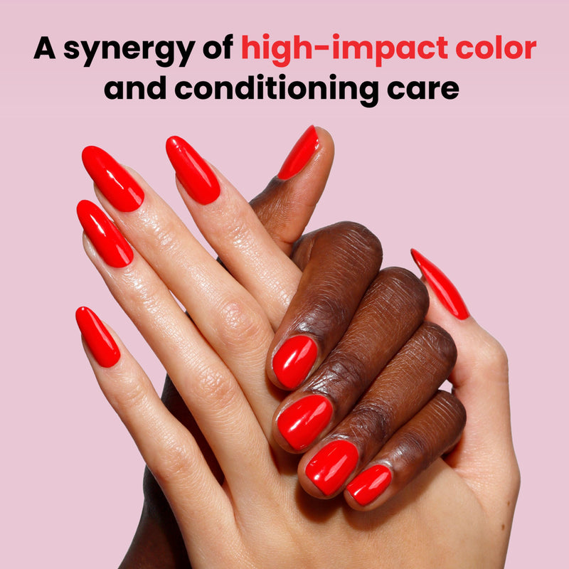 Two hands, one dark-skinned and one light-skinned, both with long Maraschino Cherry nails by LONDONTOWN, set against a bright pink background with promotional text above.