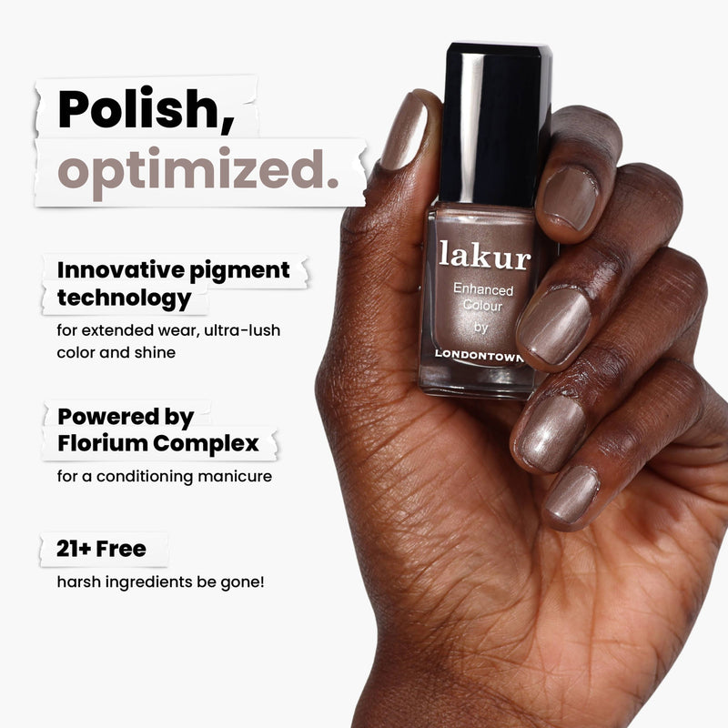 A hand holds a bottle of LONDONTOWN's "Nightcap" nail polish, displaying shimmery bronze nails. The text emphasizes the innovative pigment, Florium Complex, and the exclusion of over 21 harsh ingredients.