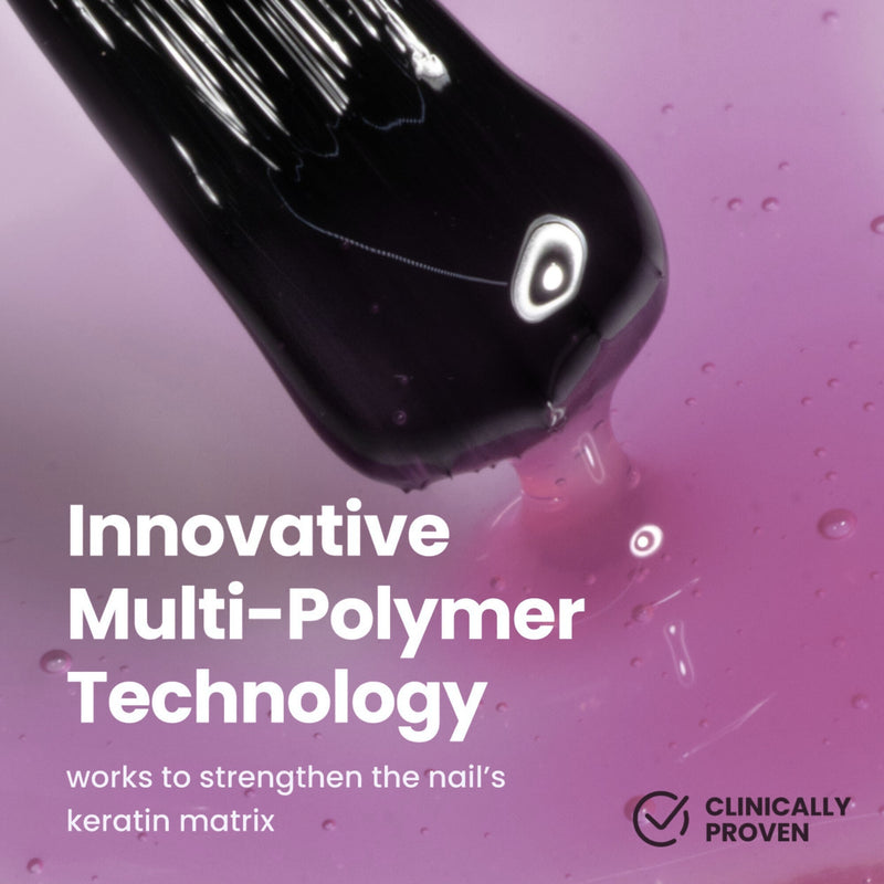 Using a brush, the Sheer Strength Nail Blush - Concord (Professional) by LONDONTOWN adds a glossy coat on pink surfaces with text: "Innovative Multi-Polymer Technology strengthens the nail's keratin matrix." It features a "Clinically Proven" logo to enhance strength and glow.