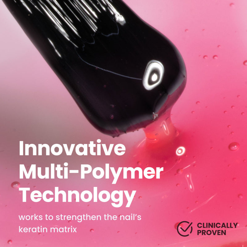 Close-up of a brush applying LONDONTOWN's Sheer Strength Nail Blush - Poppy on pink, highlighting innovative hardener technology with clinically proven results.