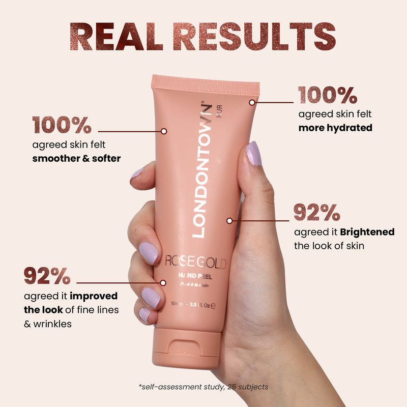 A hand holds a tube of LONDONTOWN's Rose Gold Hand Peel, a luxurious mask enhancing skin hydration, smoothness, and appearance as per self-assessment studies. Experience brighter, smoother hands after every use.