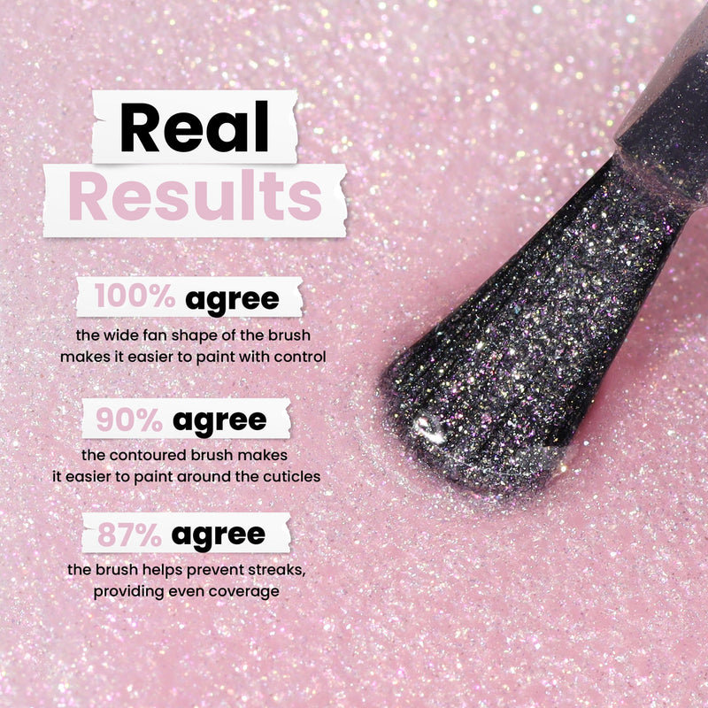 A brush dipped in LONDONTOWN's Pink Strawberry ultrafine glitter nail polish glides against a sparkly baby pink background, highlighting high user satisfaction with its sweet brush shape and effectiveness.