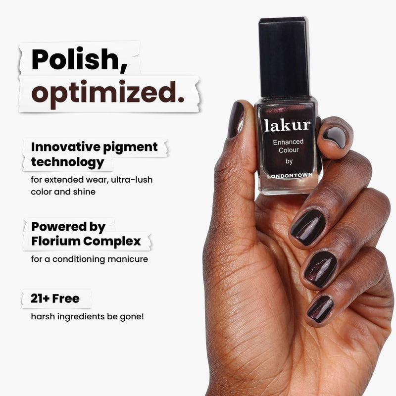 A hand holds a bottle of LONDONTOWN's Lakur Spilled Wine nail polish, its rich hue reminiscent of pinot noir. The text highlights features: innovative pigment technology, powered by Florium Complex, and free from 21+ harsh ingredients.