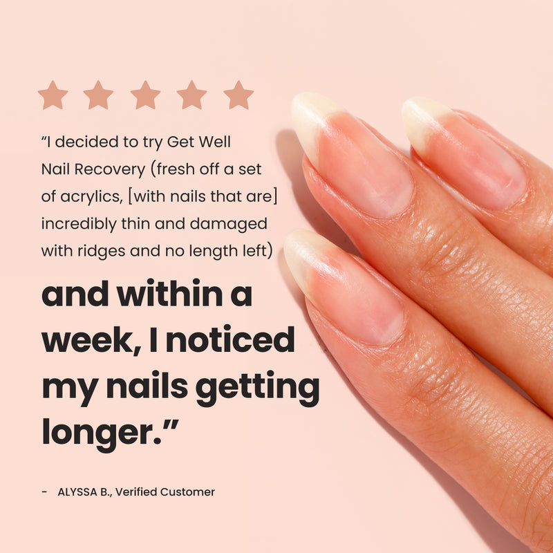 A close-up image of manicured nails with a text review highlights nail recovery results, showing visible growth and rejuvenation for ultra weak nails within a week using Get Well Nail Recovery by LONDONTOWN.