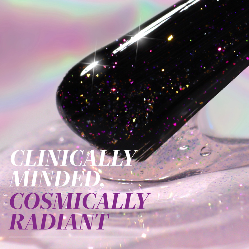 A close-up of a nail swatch brush with black, glittery Glow Getter Nail Luminizer by LONDONTOWN over clear gel. Text: "Clinically minded, cosmically radiant with 360° care and an ethereal finish.