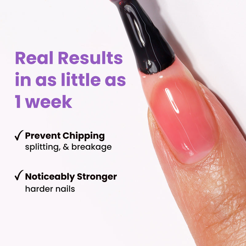 An image shows a nail with pink polish applied. Text reads: "Experience real results in just 1 week. Prevent chipping, splitting, and breakage. Achieve noticeably stronger, harder nails with LONDONTOWN's Sheer Strength Nail Blush - Concord (Professional), our 2-in-1 nail hardener.