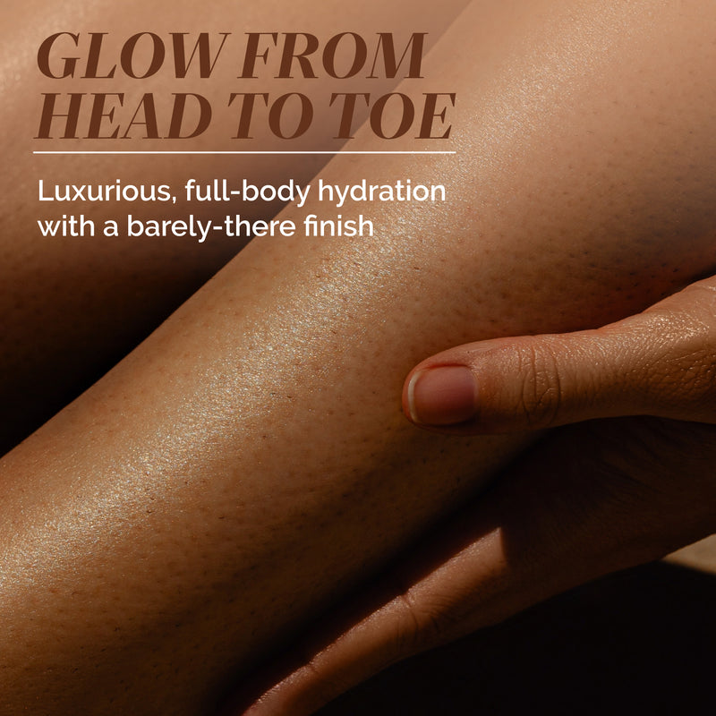 A hand rests on a glowing leg, showcasing radiant skin with text highlighting LONDONTOWN Botanical Radiance Oil—a nourishing, everyday oil for luxurious full-body hydration and a barely-there finish.