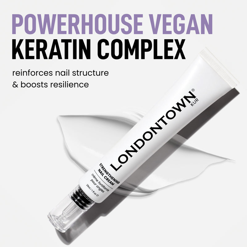 A tube of LONDONTOWN Strengthening Nail Cream is shown with cream smeared in the background, highlighting keratin-boosting benefits and vegan ingredients for stronger, healthier nails.