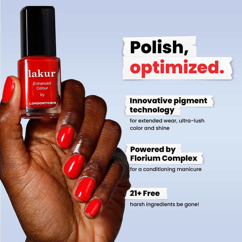 A hand with bold red painted nails holds a LONDONTOWN Maraschino Cherry Lakur bottle; text highlights pigment technology, Florium Complex, and a 21+ free formula.
