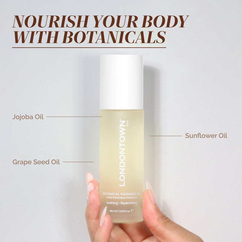 A hand holds a bottle of LONDONTOWN Botanical Radiance Oil, featuring skin-loving ingredients such as jojoba, grape seed, and sunflower oils for a natural, everyday glow.