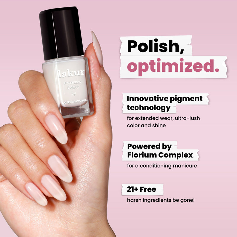A hand with long, polished nails holds a bottle of sheer, light pink LONDONTOWN Double Scoop nail polish; marketing text showcases its features and benefits against a pink background.