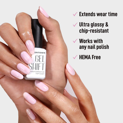 Hands holding a bottle of LONDONTOWN GelShift Top Coat with a glossy, pale pink gel manicure; benefits of the polish appear on the right side of the image.