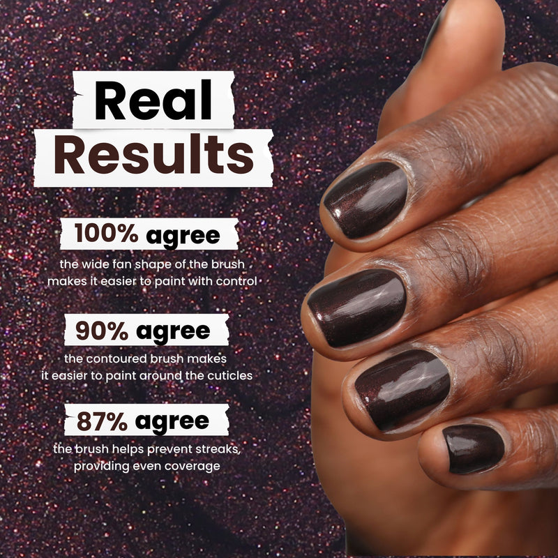 A hand showcases Spilled Wine (Professional) by LONDONTOWN, a dark brown polish akin to rich Pinot Noir. Text emphasizes customer satisfaction with the brush's ease of control, precision, and even coverage. The background glimmers like candlelight over a dark glittering texture.