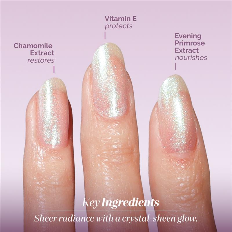 Three fingers with LONDONTOWN’s Shimmering Nail Highlighter - Stardust are shown, featuring a nourishing formula with chamomile extract and vitamin E, set against a light pink background.
