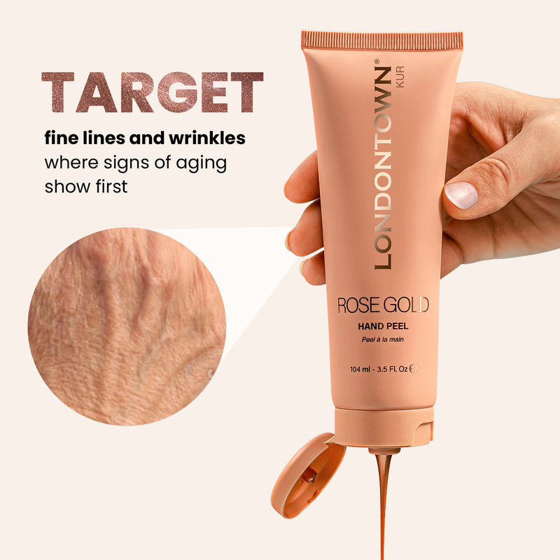 A hand showcases LONDONTOWN's Rose Gold Hand Peel, emphasizing its focus on smoothing fine lines and wrinkles for brighter hands.