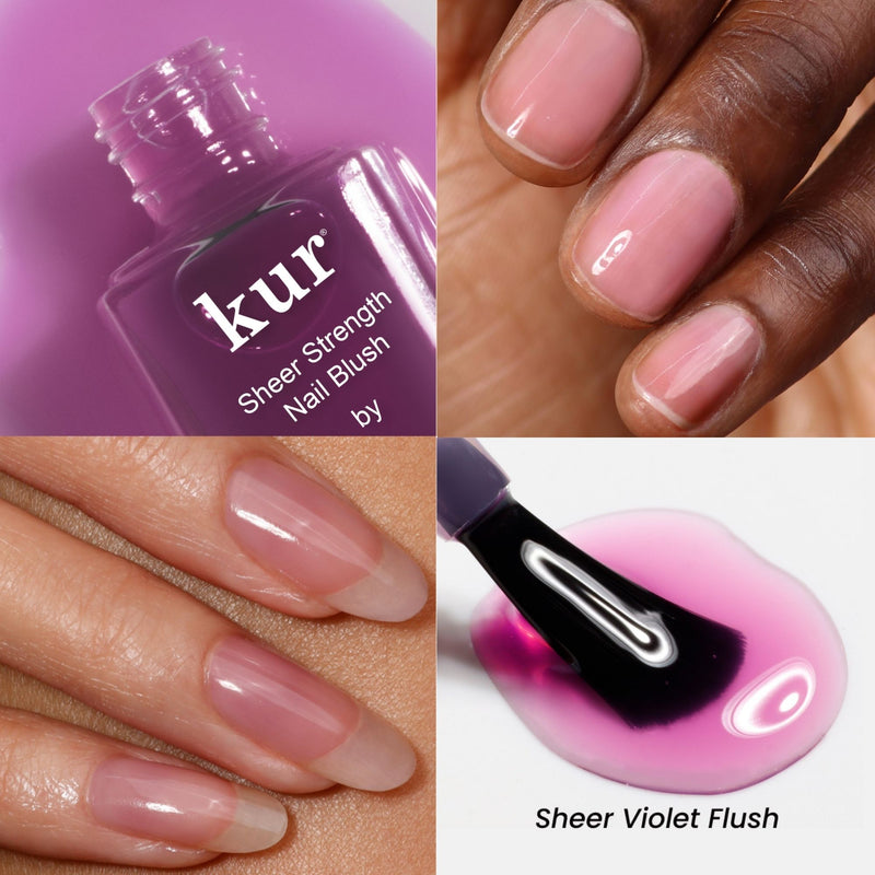 Four images display LONDONTOWN's Sheer Strength Nail Blush - Concord: the bottle, painted nails, polish application, and a brush close-up. This 2-in-1 glow booster offers vibrant color and functions as a nail hardener for extra strength.