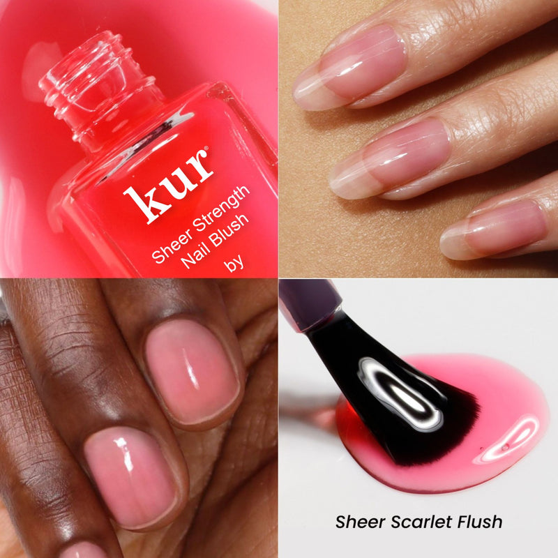 Collage of LONDONTOWN’s Sheer Strength Nail Blush - Poppy, a 2-in-1 nail polish with glow booster benefits, featuring the bottle, painted nails in sheer scarlet flush, and the brush applying the polish.