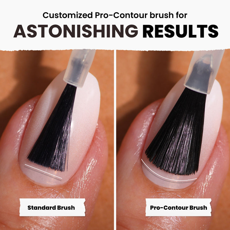 Comparison of nail polish application: Standard Brush on the left, Pro-Contour Brush on the right, showcasing different coverage. LONDONTOWN's "Around the Fireplace (Professional)" features a copper-flecked brown that provides a striking contrast against deep brown tones for a stunning finish.