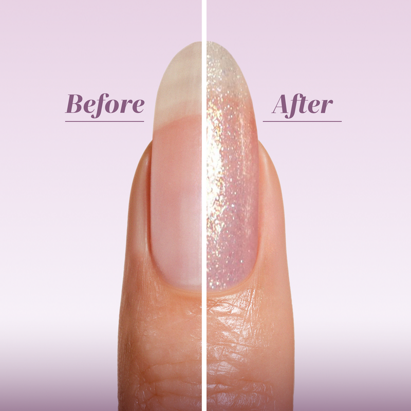 A close-up of a fingernail split vertically: the left side is a natural nail ("Before"), while the right displays a shimmery finish labeled "After," featuring LONDONTOWN's Shimmering Nail Highlighter - Sunkissed.