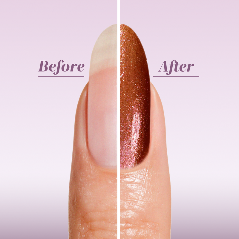 Close-up of a fingernail split vertically: one side natural, the other transformed with LONDONTOWN Shimmering Nail Highlighter in "Molten"—a glamorous shimmery brown polish.